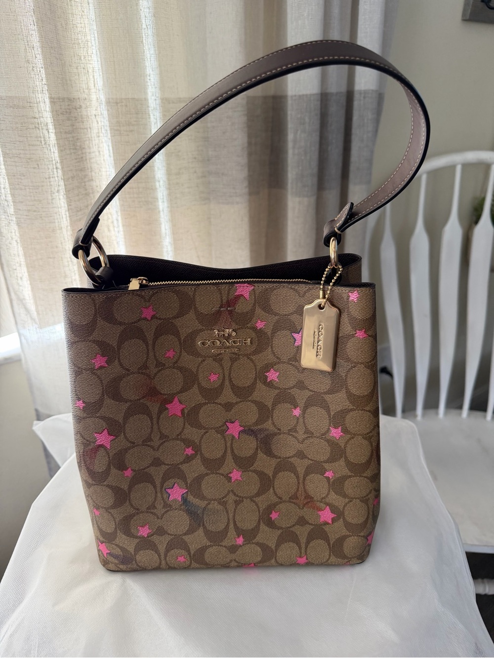 Coach Town Bucket Signature Canvas Shoulder Bag with Pink Star